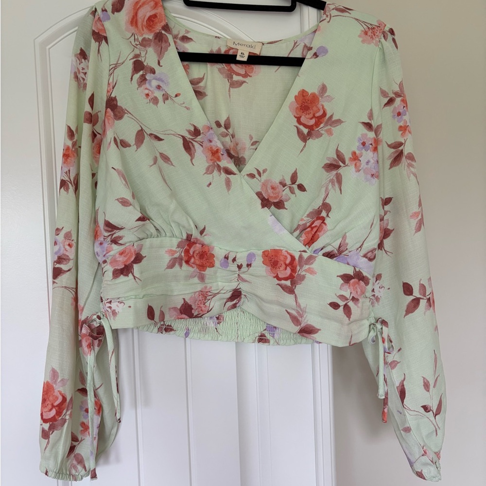 Meraki Light Green Pistachio Floral Wrap Crop Blouse With Long Sleeves